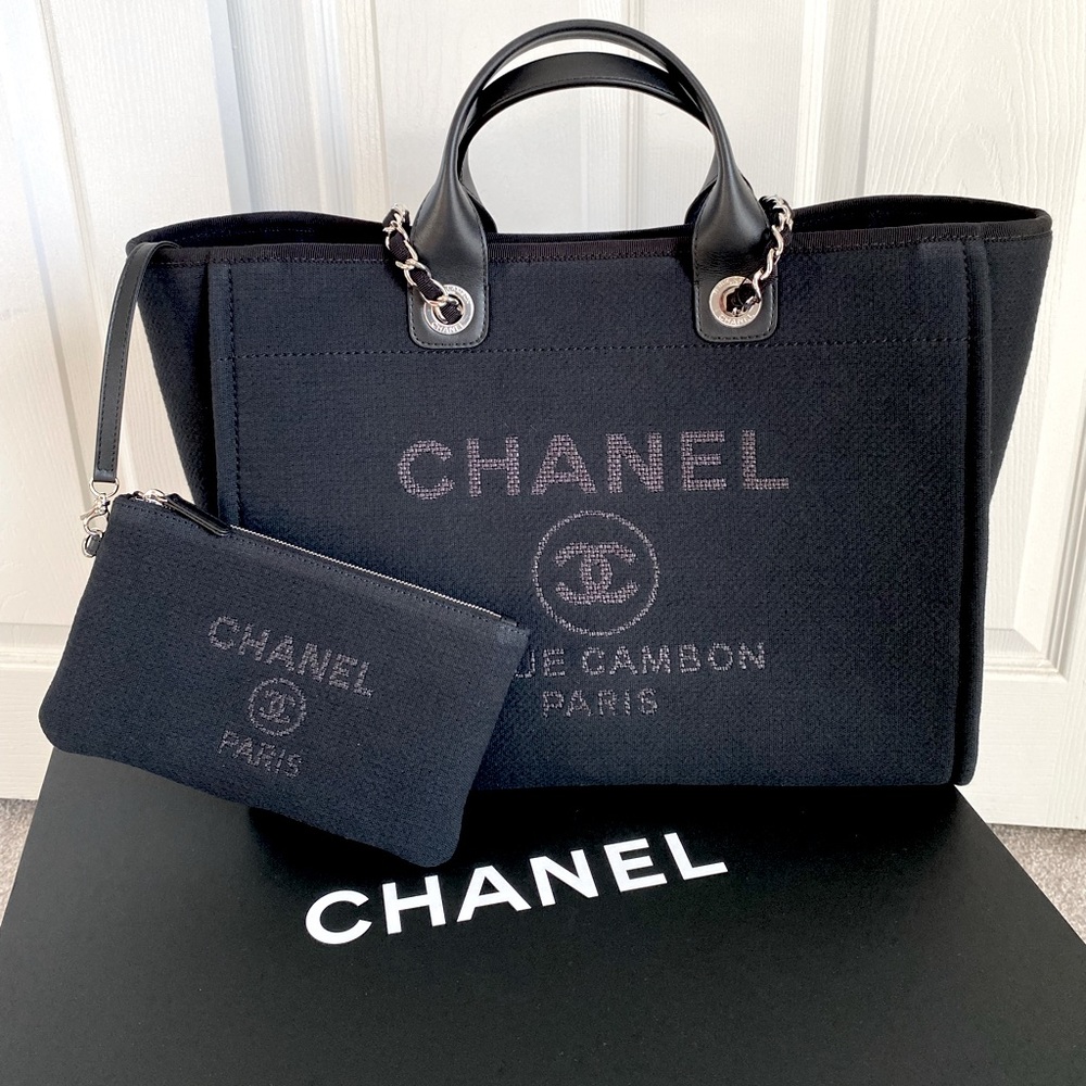 FULL SET - CHANEL Deauville Large Shopping Bag (Black Canvas w/ Silver Hardware) - Picture 6 of 17